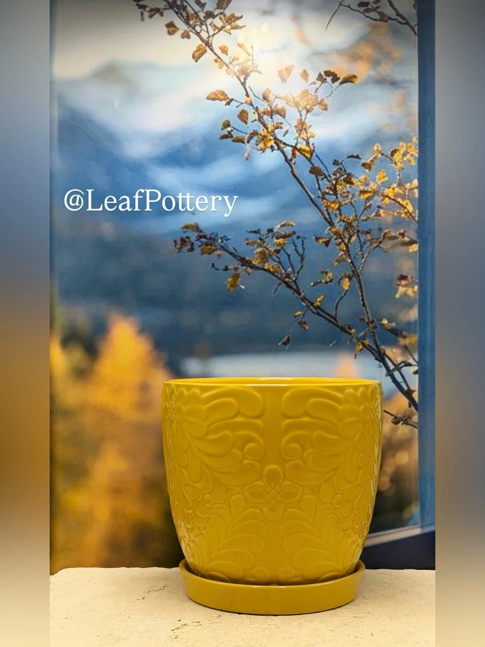 Yellow Floral Ceramic Planter Pot with Saucer Attached 8 Inch Flower Pot
